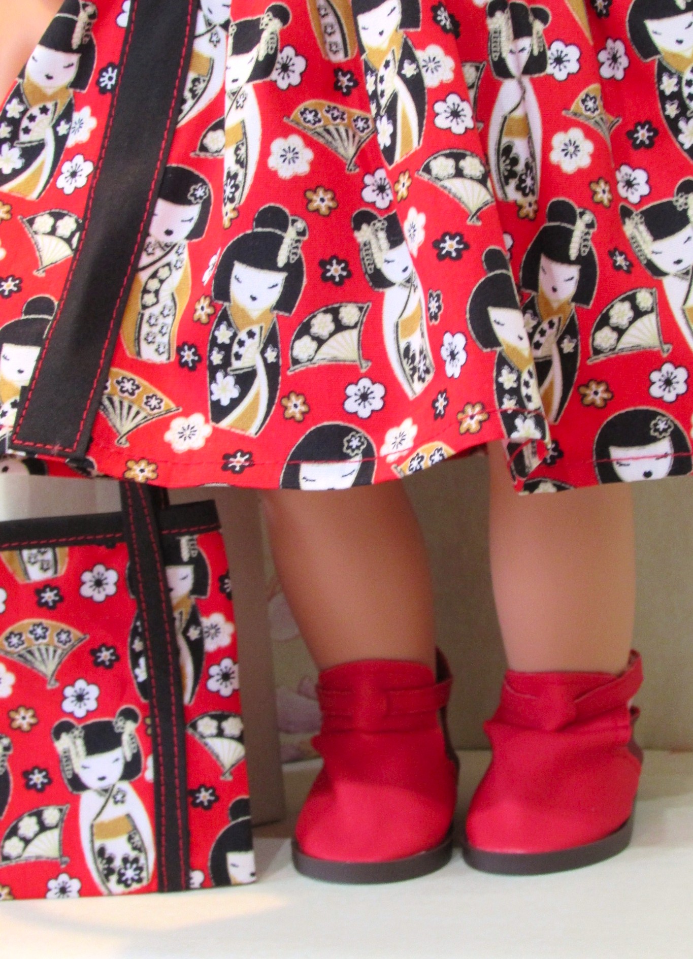 872   Japanese Kokeshi Doll Dress, Bag, Headband and Red Ankle Boots