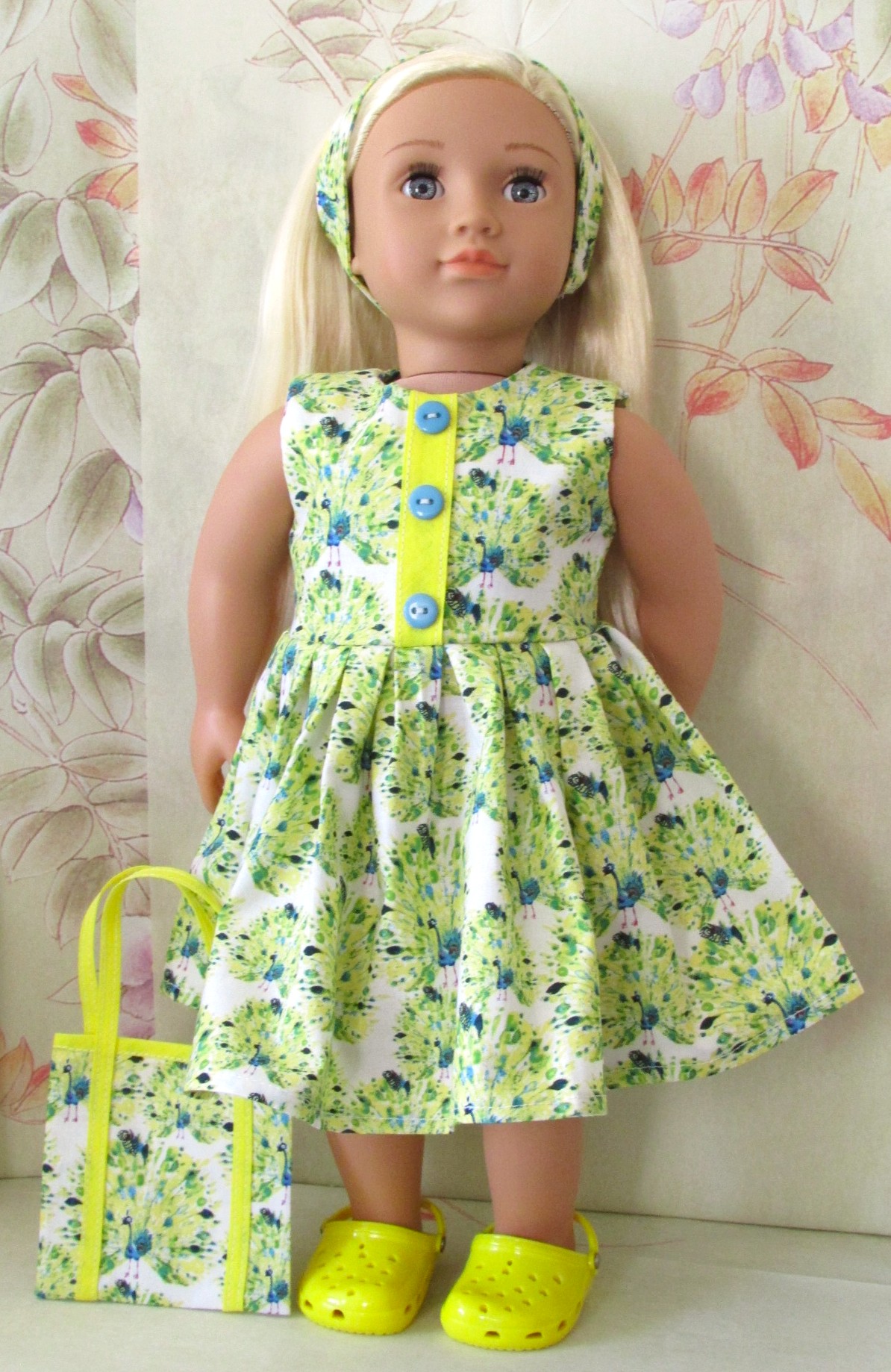 869   Peacocks on White Dress, Bag, Headband, Yellow Crocs
