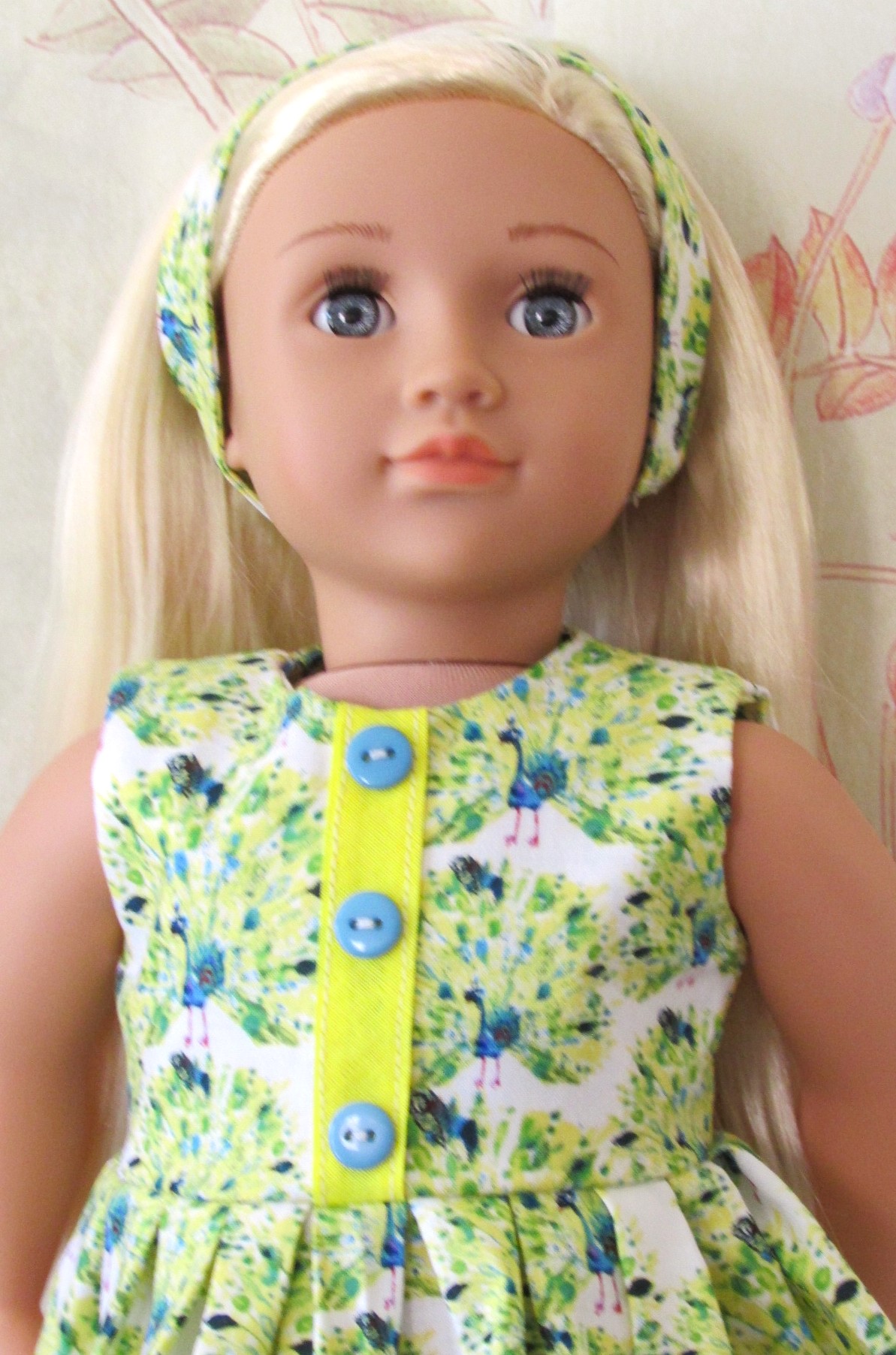 869   Peacocks on White Dress, Bag, Headband, Yellow Crocs