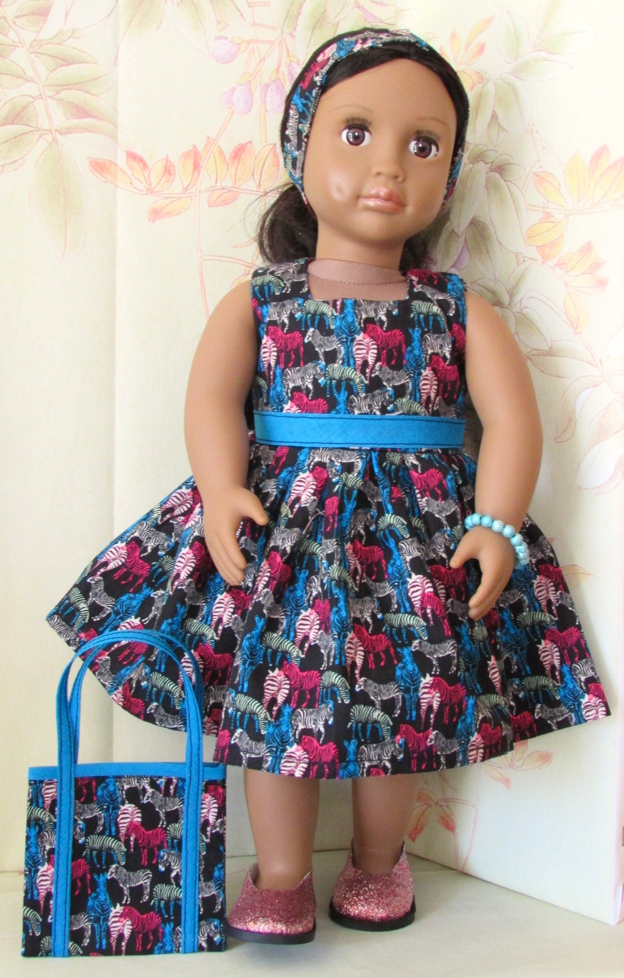 868  Bright Zebras Dress, Bag, Headband, Bracelet, Deep Rose Glitter Shoes