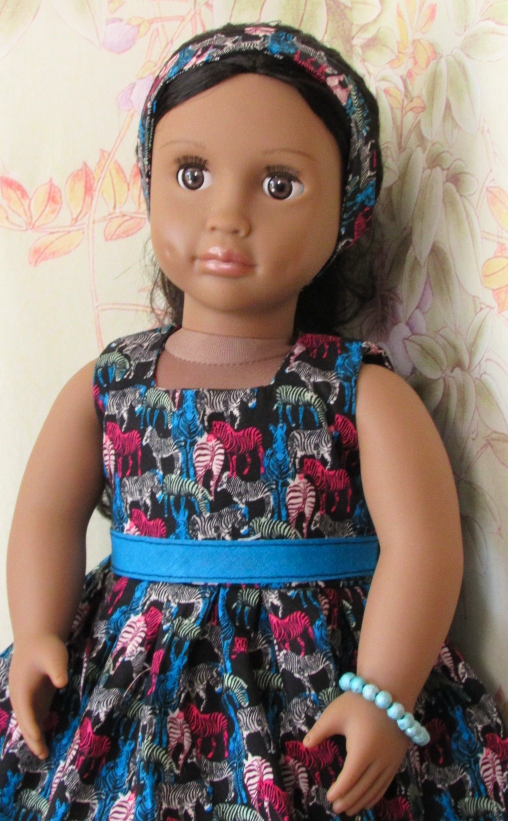 868  Bright Zebras Dress, Bag, Headband, Bracelet, Deep Rose Glitter Shoes