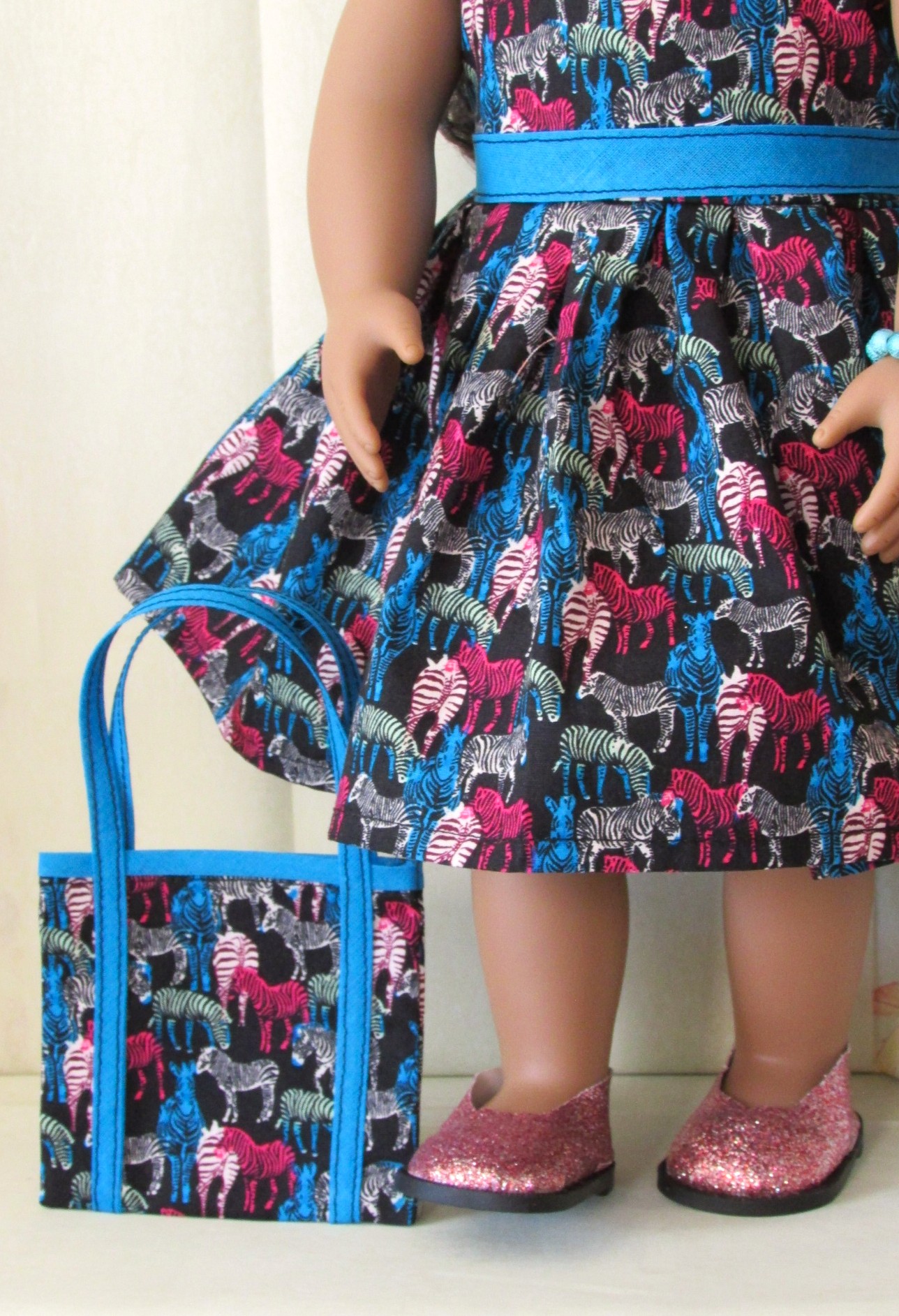 868  Bright Zebras Dress, Bag, Headband, Bracelet, Deep Rose Glitter Shoes