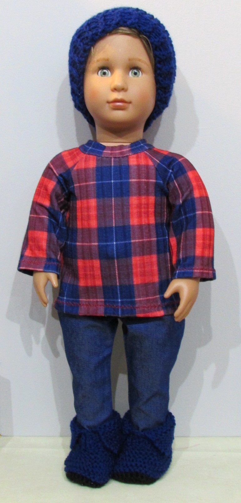 828   Blue & Red Tartan Top, Hat, Blue Jeans and Blue Snow Boots 