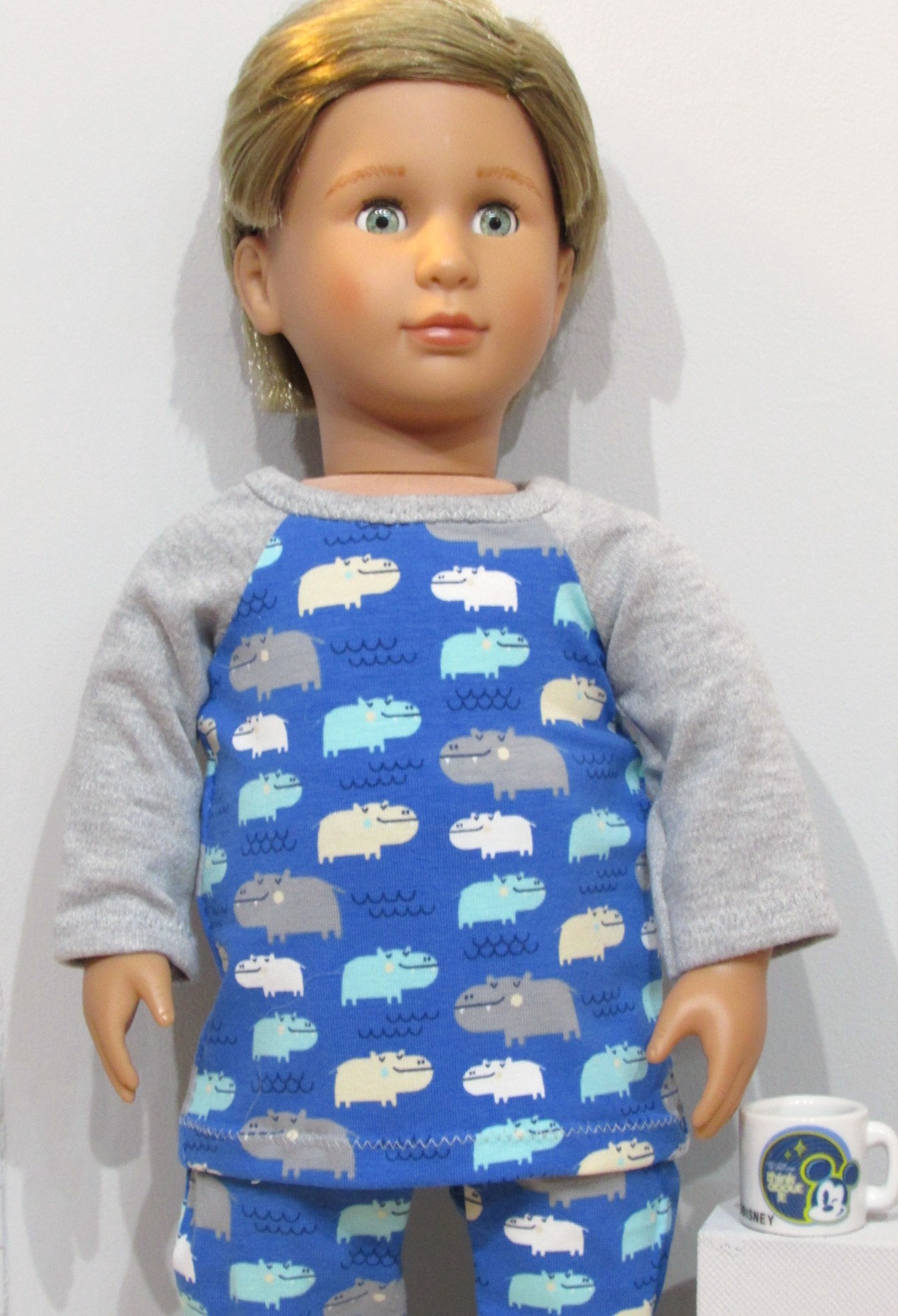 850 Blue Hippo Pyjamas, pjs, slippers and pottery mug