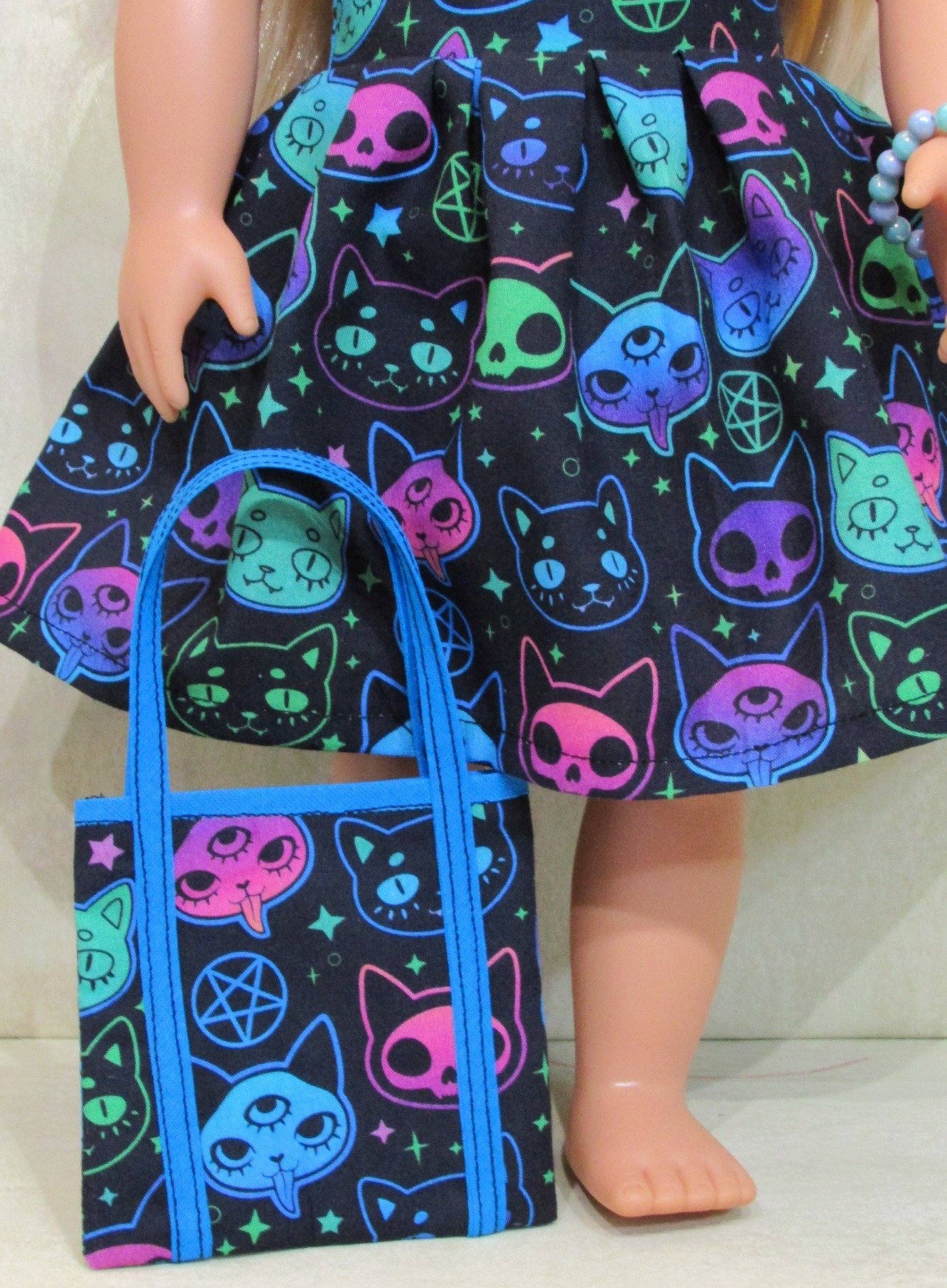 852   Halloween Neon Cats Dress, bag, bracelet
