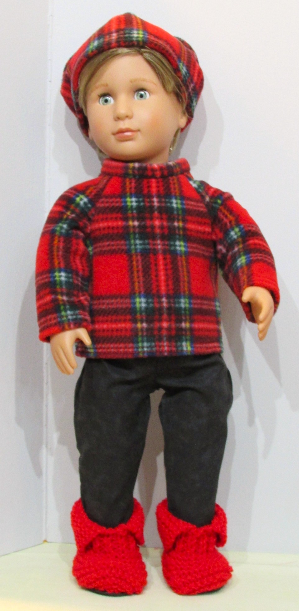 849   Tartan Fleece Top, Hat, Black Jeans and Red Snow Boots