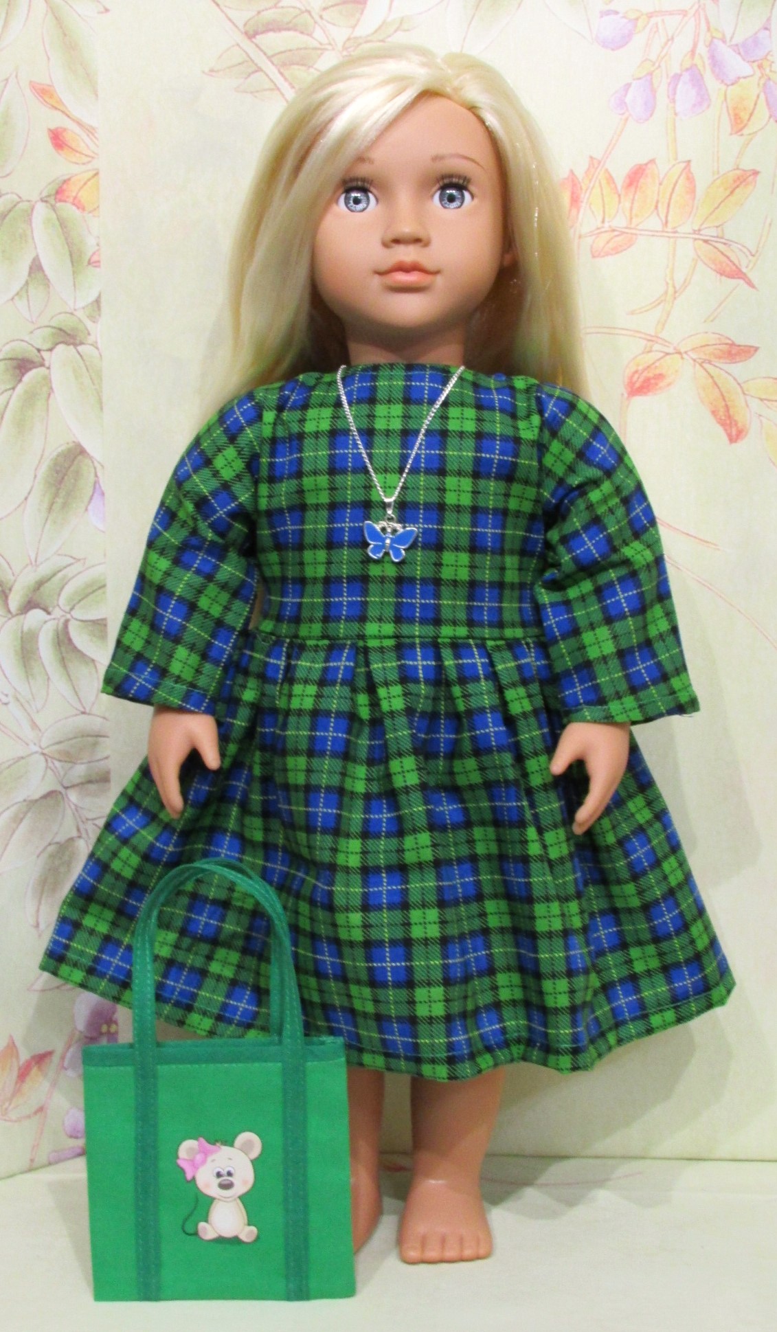 857   Black Watch Tartan Long Sleeved Dress, Mouse Bag, Necklace