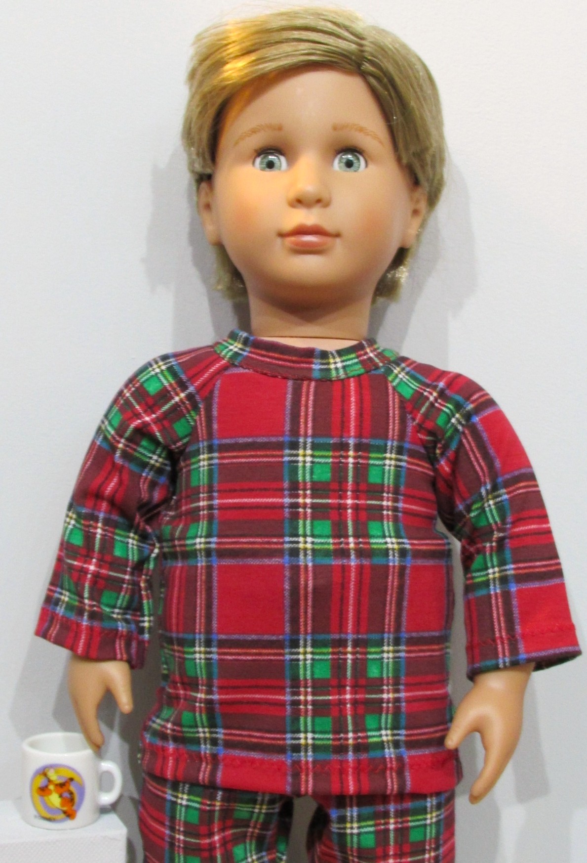 829   Red Tartan Pyjamas, pjs, red slippers and Tigger mug