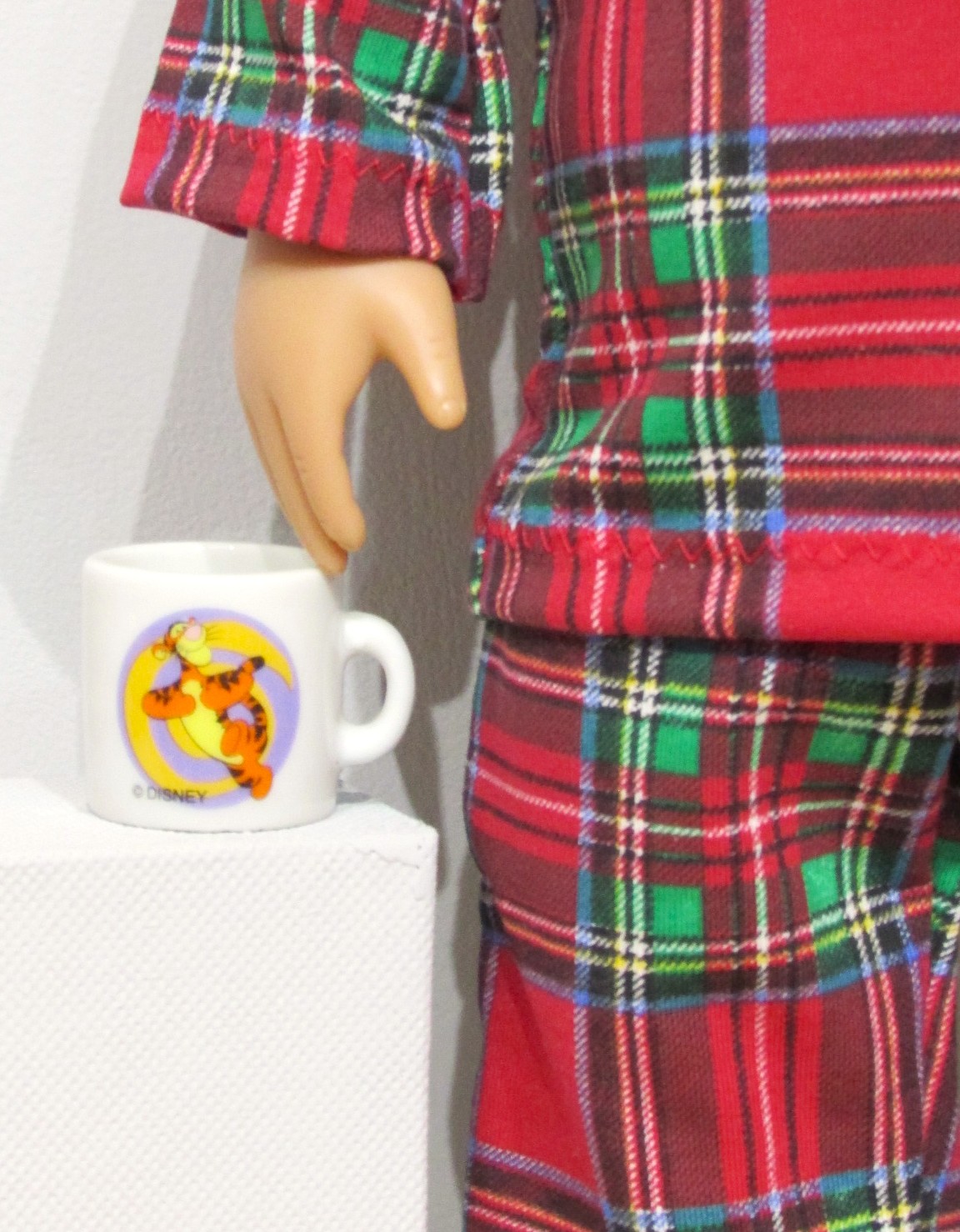 829   Red Tartan Pyjamas, pjs, red slippers and Tigger mug