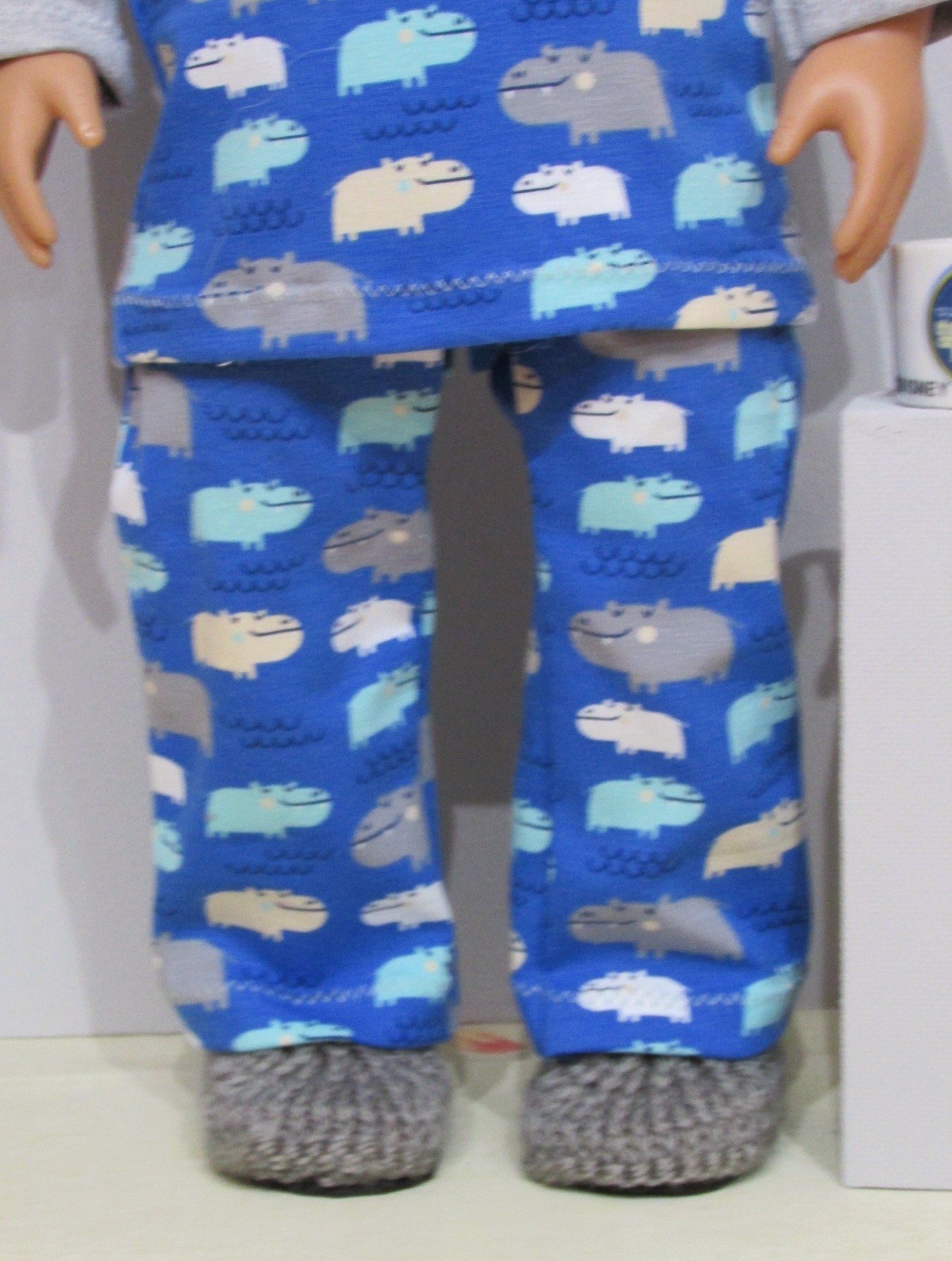 850   Blue Hippo Pyjamas, pjs, slippers and pottery mug