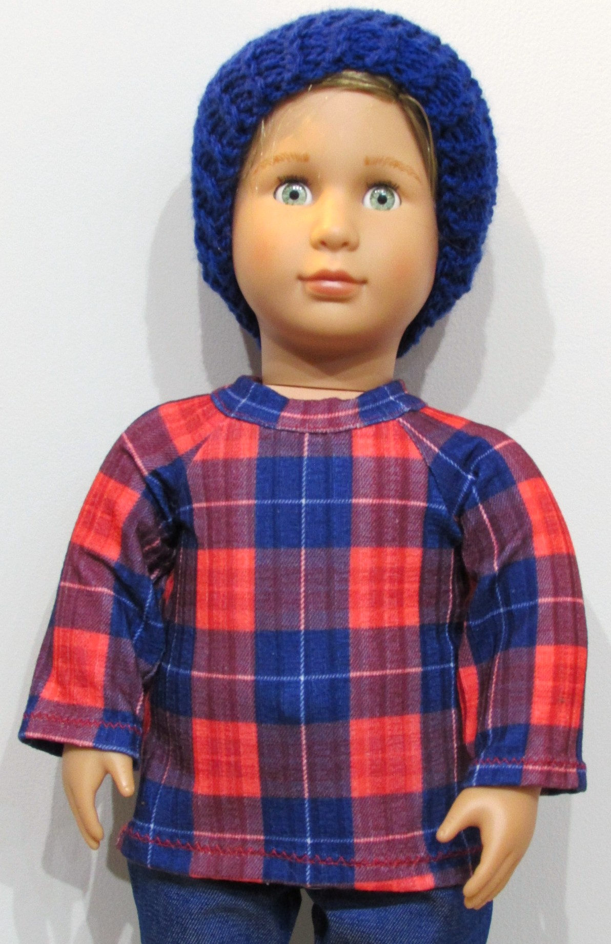 828   Blue & Red Tartan Top, Hat, Blue Jeans and Blue Snow Boots 