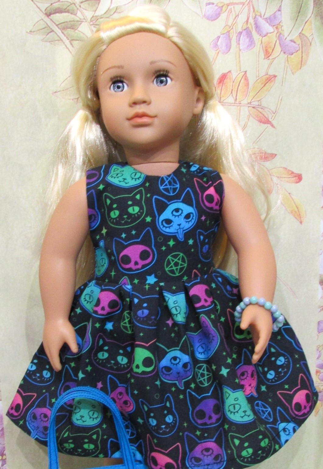 852   Halloween Neon Cats Dress, bag, bracelet