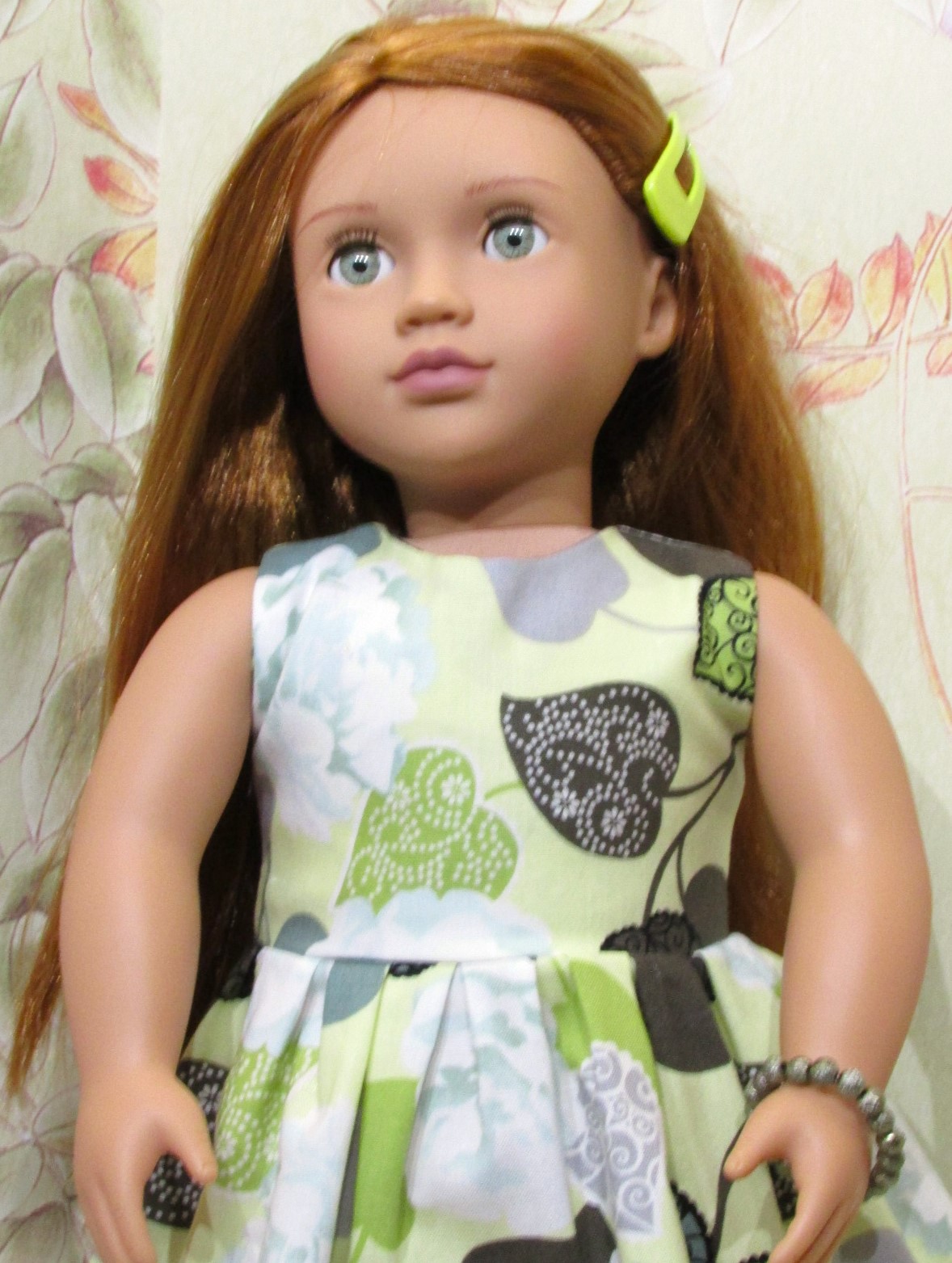 855 Lime Leaf & Flower Dress, Bag, Hair Slide, Bracelet