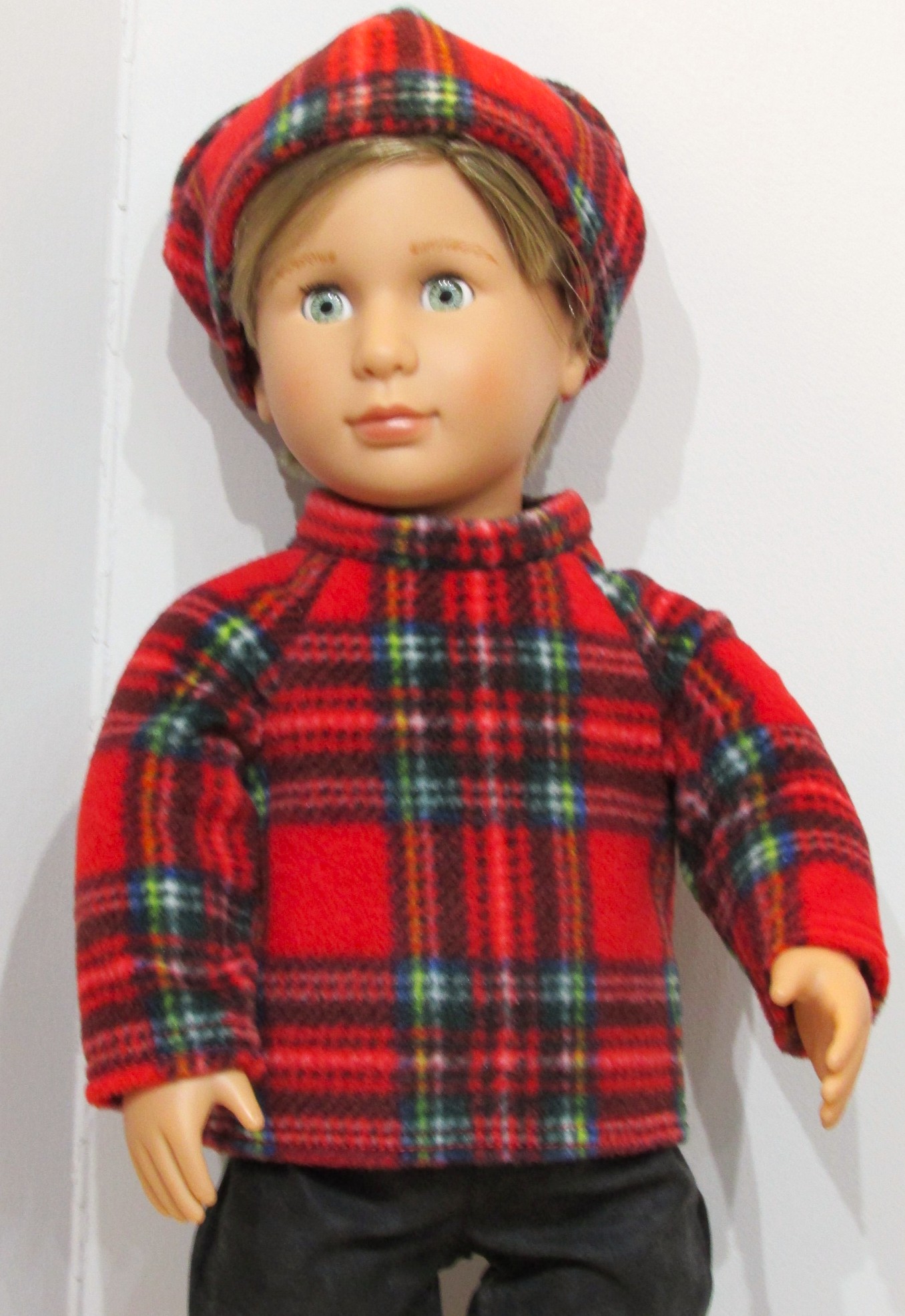 849 Tartan Fleece Top, Hat, Black Jeans and Red Snow Boots