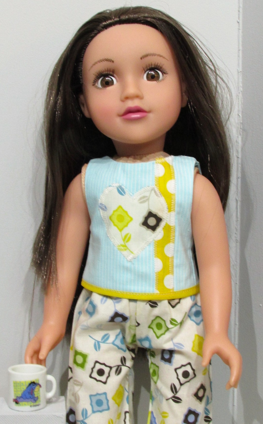 839     Cropped Aqua Stripe & Yellow Pyjamas, pjs, aqua slippers, mug