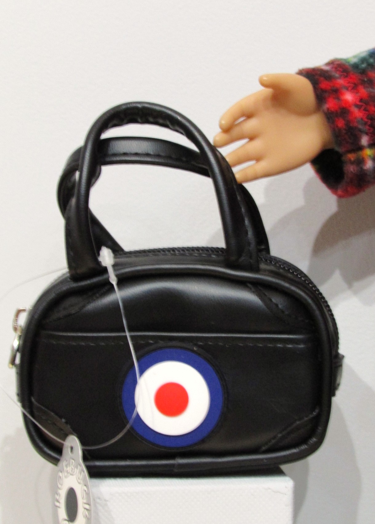 833   Weekend sized bag for 18” dolls: black faux leather with RAF roundel design