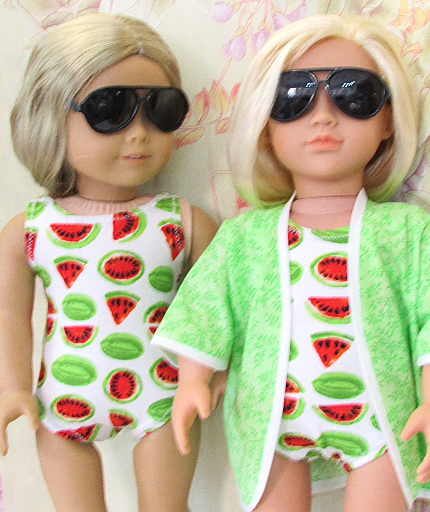 862   Watermelon Swimsuit, Lime Green Cover-Up Jacket & Aviator Style Sunglasses