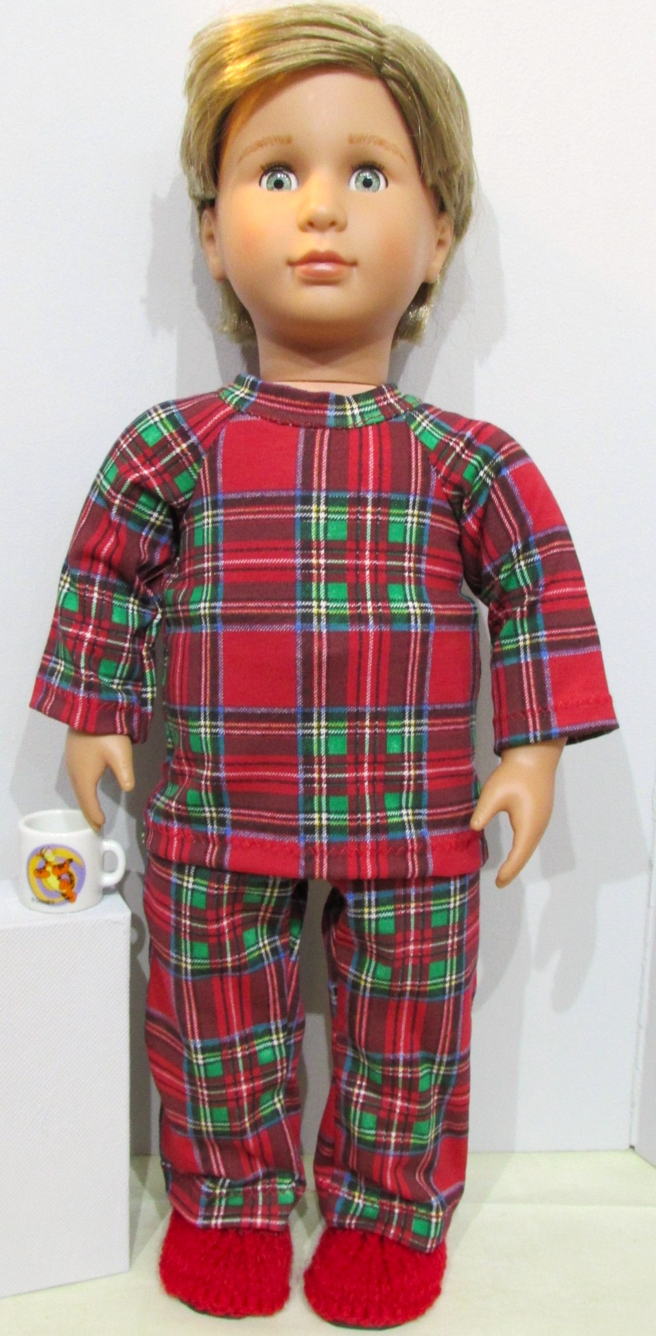 829   Red Tartan Pyjamas, pjs, red slippers and Tigger mug