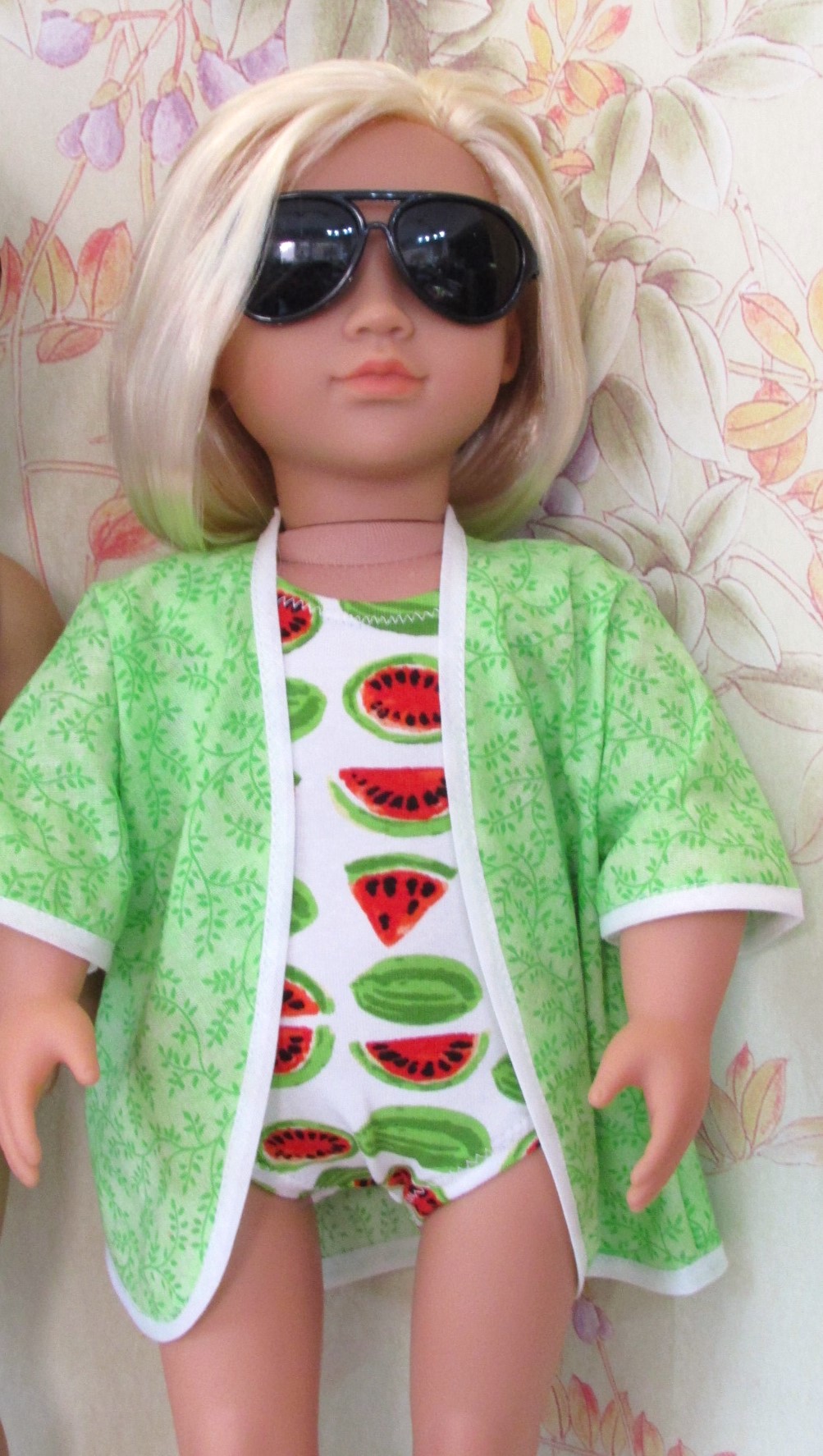 862   Watermelon Swimsuit, Lime Green Cover-Up Jacket & Aviator Style Sunglasses