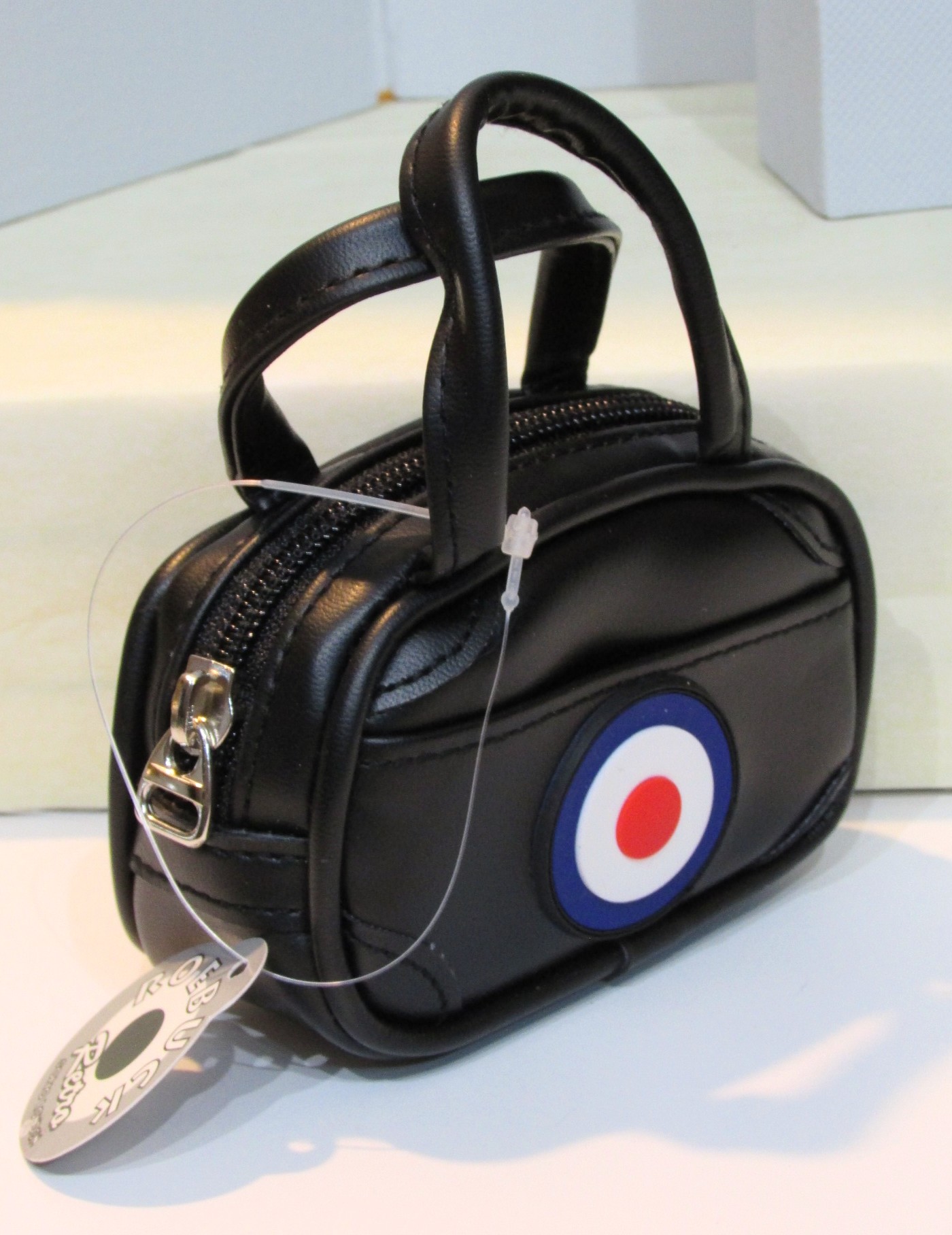 833   Weekend sized bag for 18” dolls: black faux leather with RAF roundel design