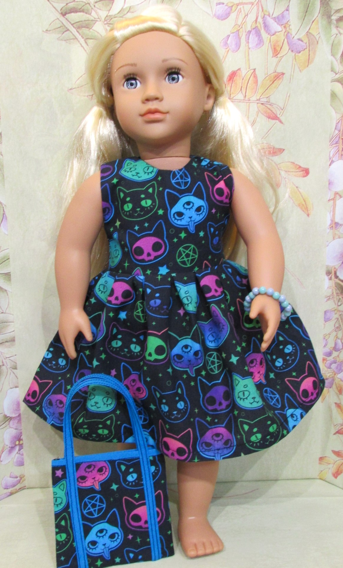 852   Halloween Neon Cats Dress, bag, bracelet