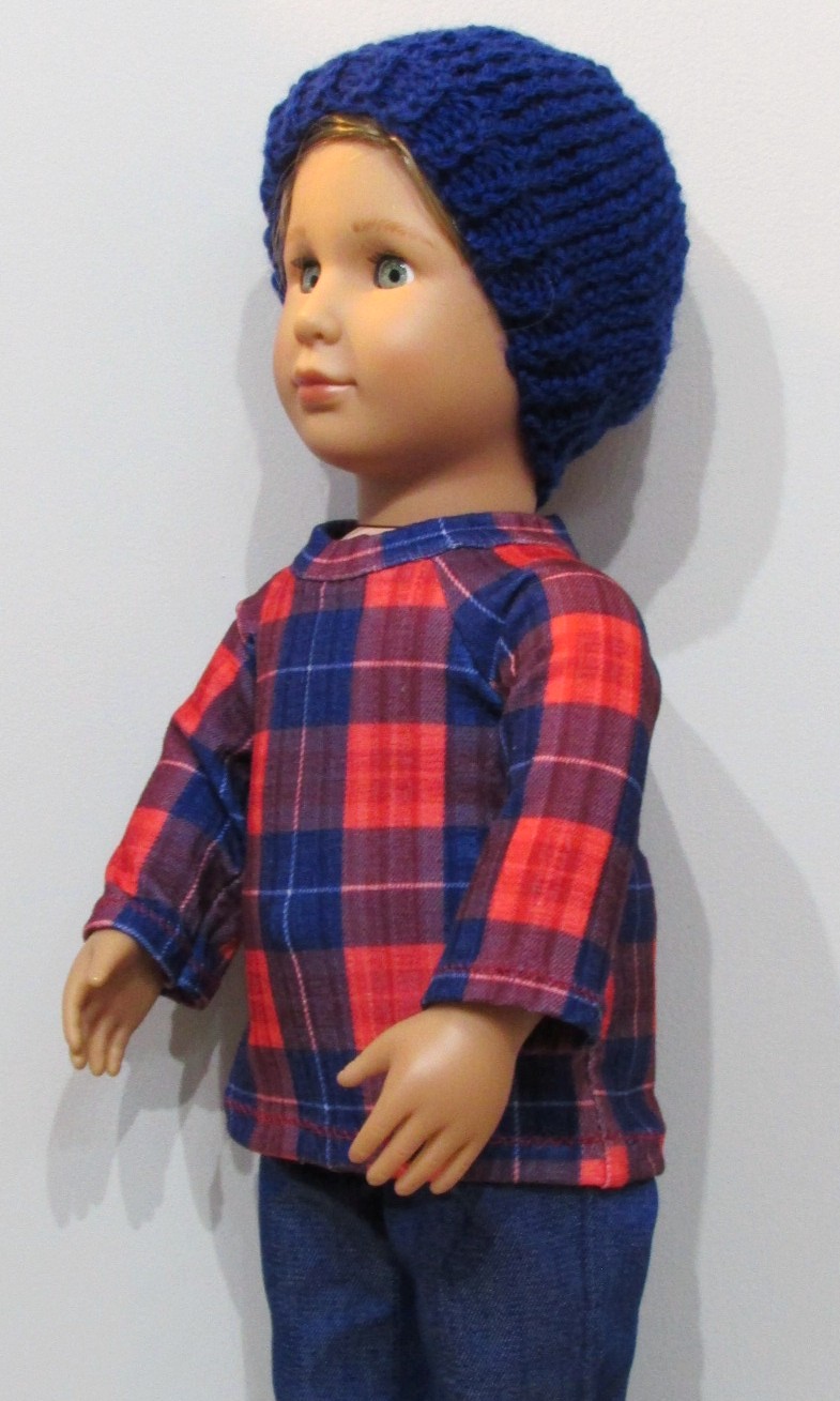 828   Blue & Red Tartan Top, Hat, Blue Jeans and Blue Snow Boots 