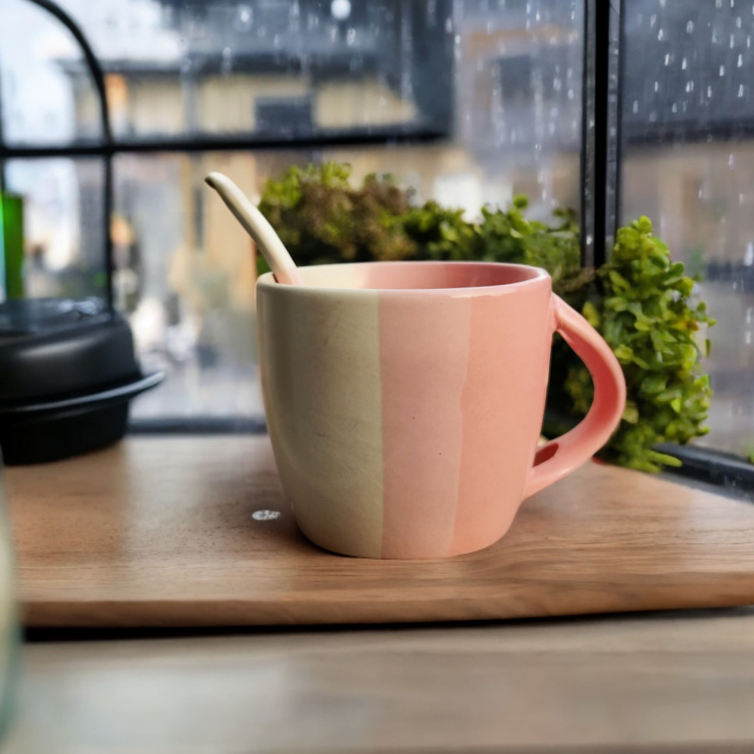 Ceramic Tea Cups with Dual Print and Matching Spoons