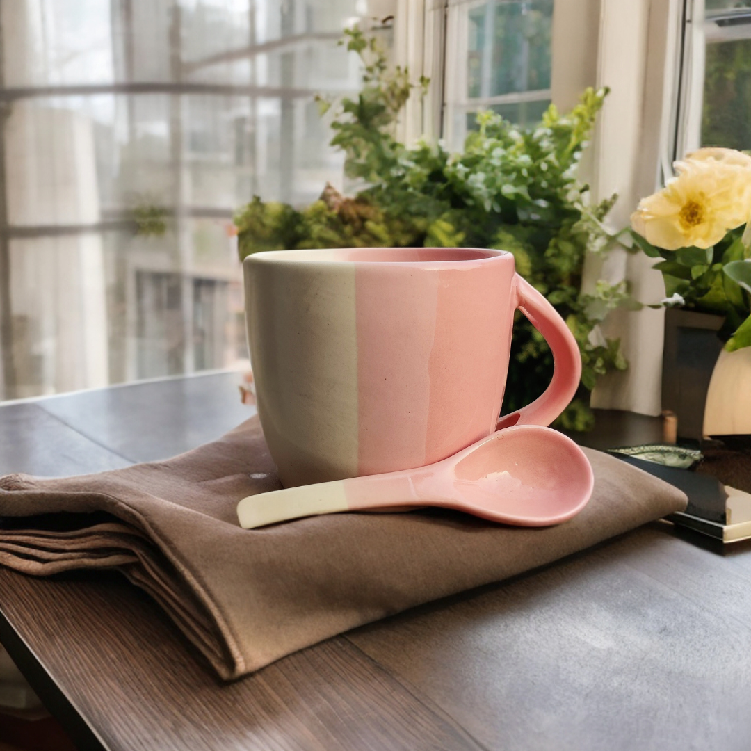Ceramic Tea Cups with Dual Print and Matching Spoons