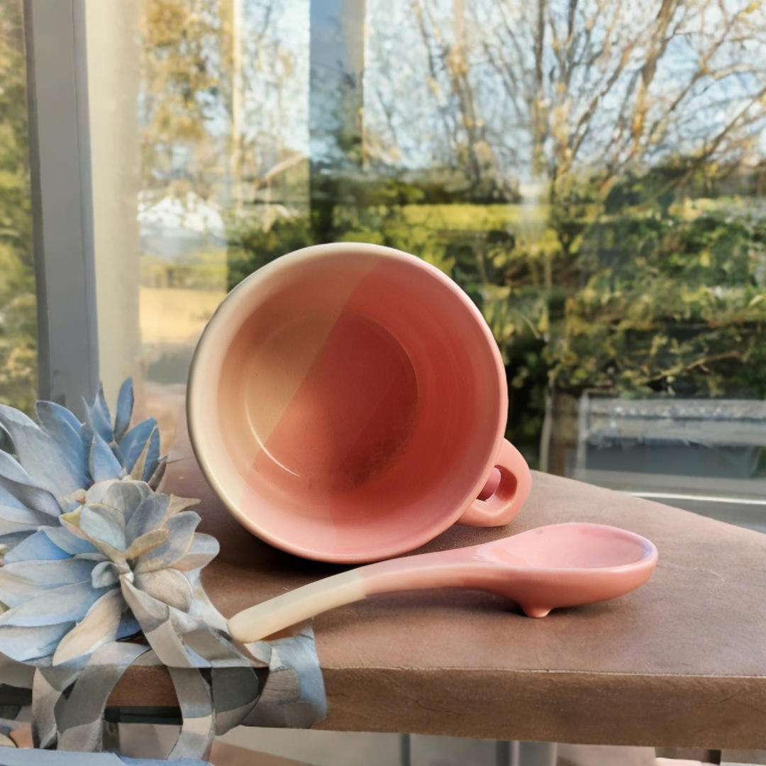 Ceramic Tea Cups with Dual Print and Matching Spoons