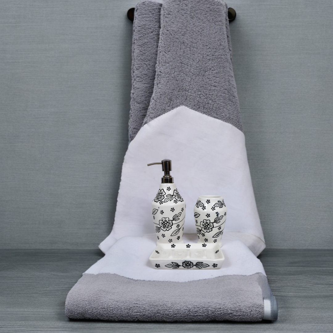 White Leaf Print Ceramic Bath Set