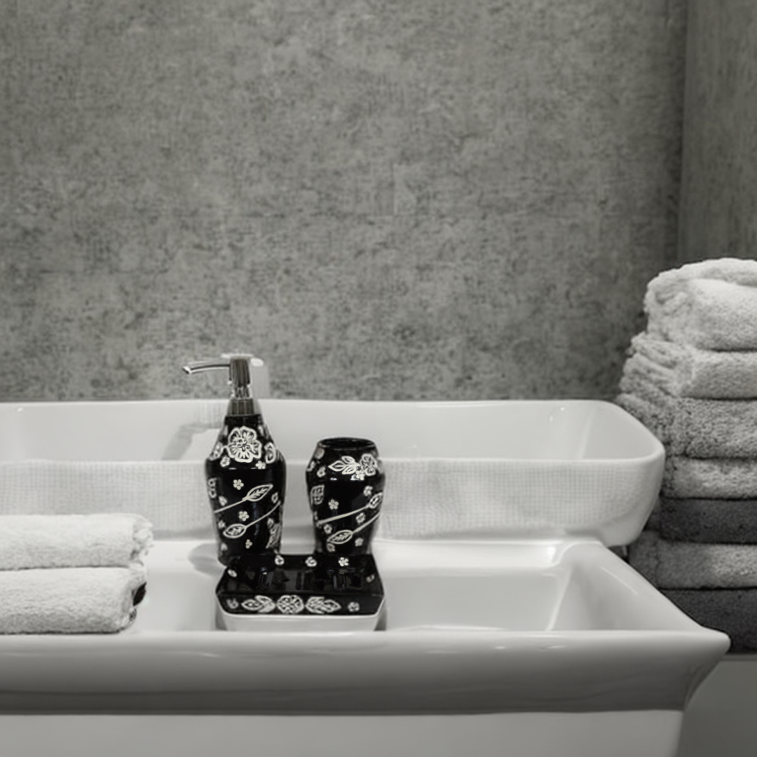 Black Leaf Print Ceramic Bath Set
