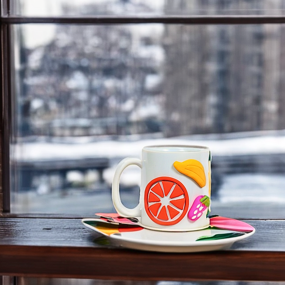 Ceramic Coffee Mug with Fruit Clay Design