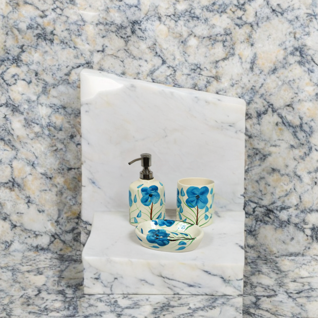 Handmade Blue Flower Ceramic Bath Set
