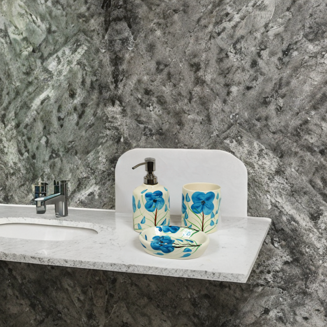 Handmade Blue Flower Ceramic Bath Set