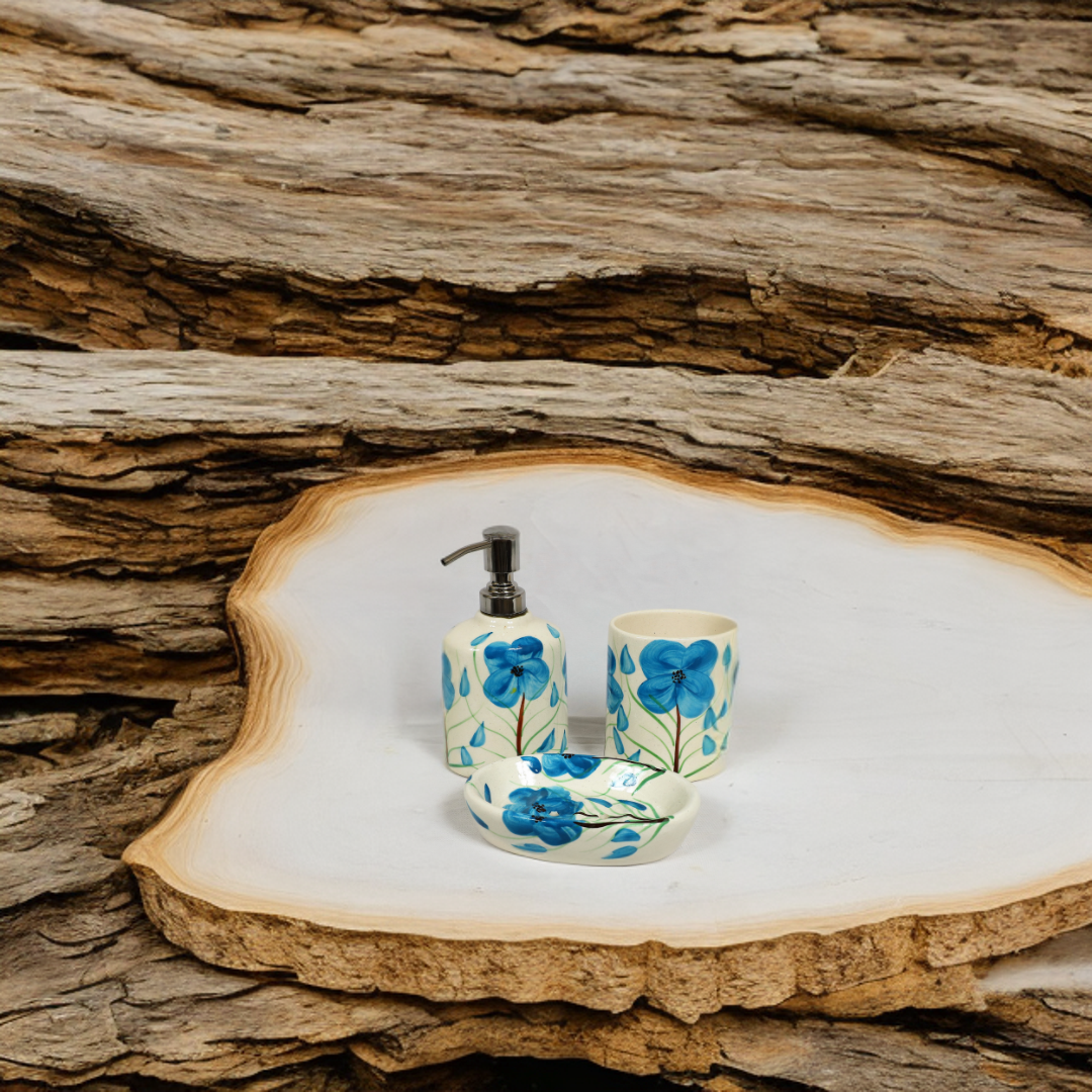 Handmade Blue Flower Ceramic Bath Set
