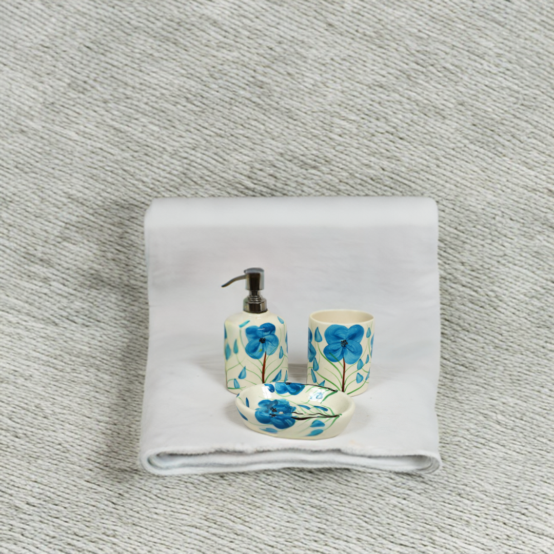Handmade Blue Flower Ceramic Bath Set