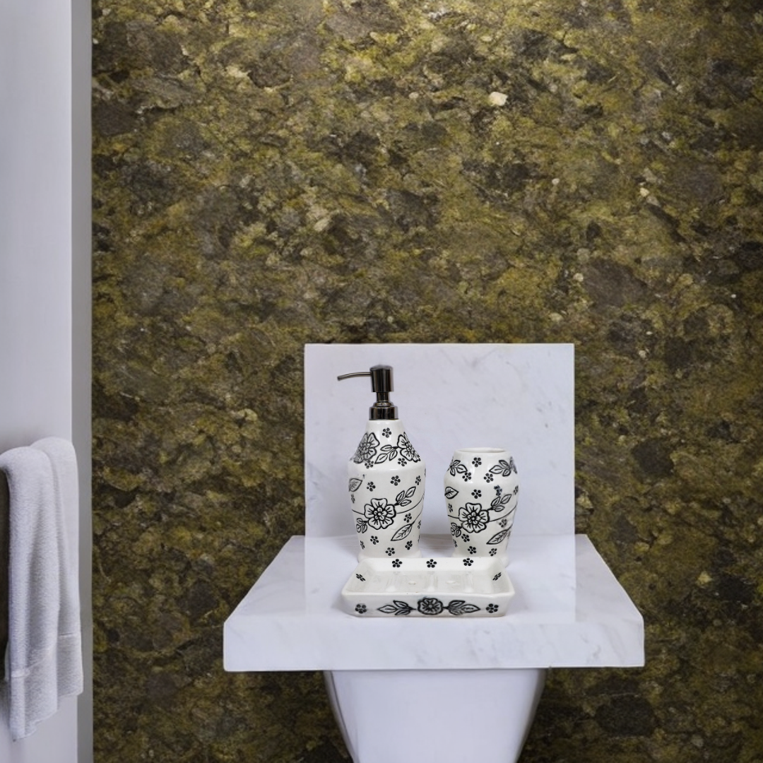 White Leaf Print Ceramic Bath Set