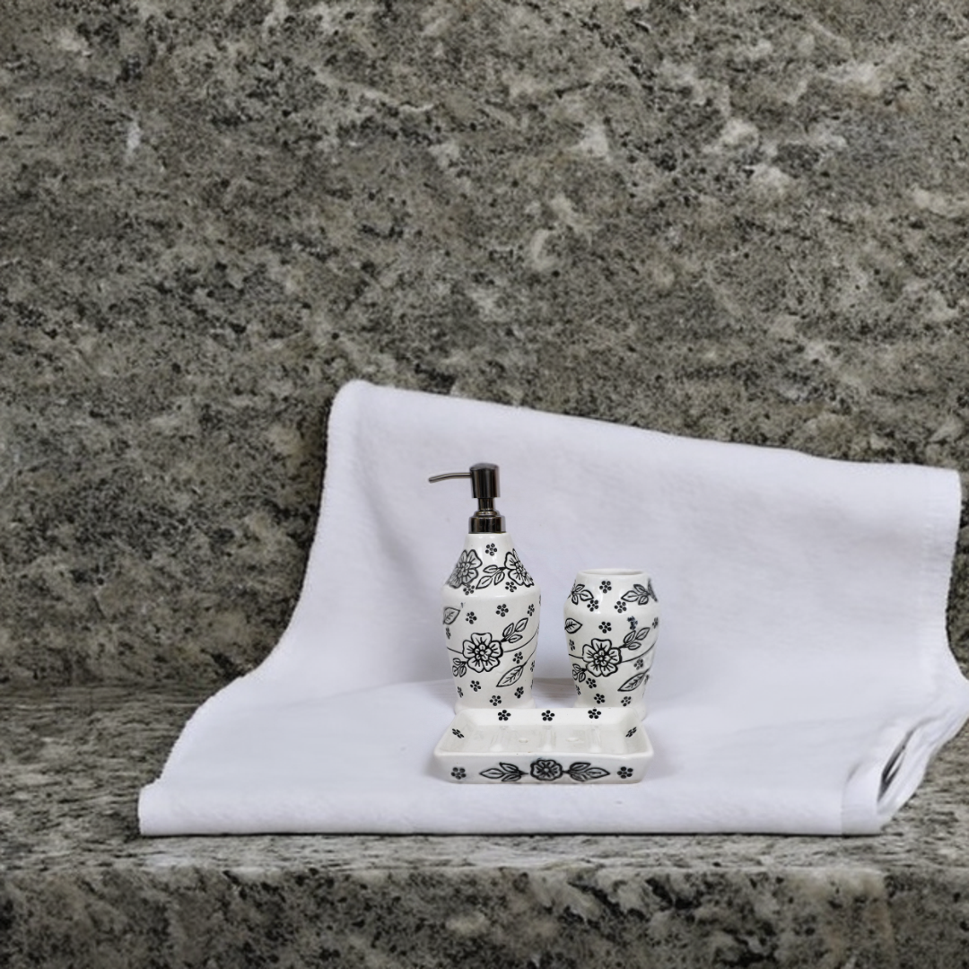 White Leaf Print Ceramic Bath Set