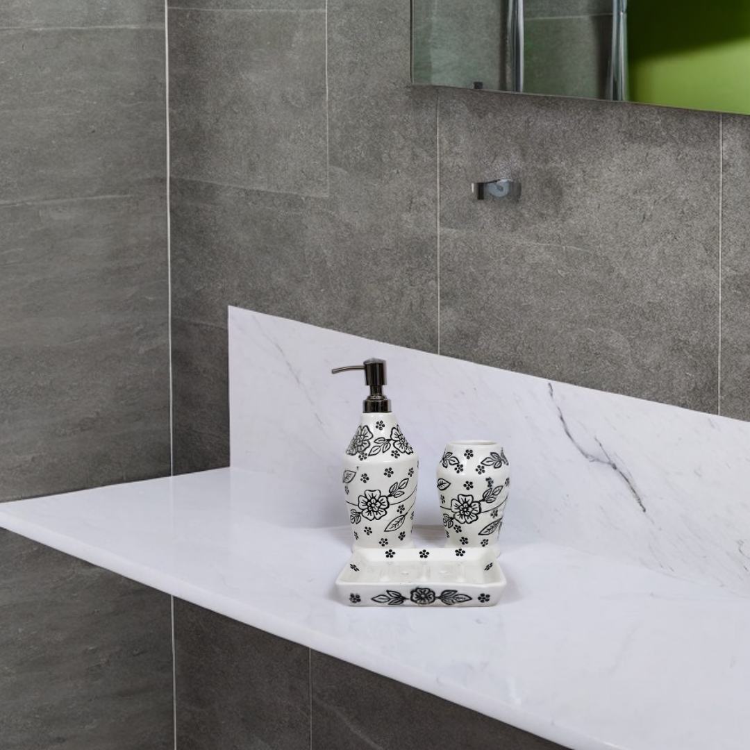 White Leaf Print Ceramic Bath Set