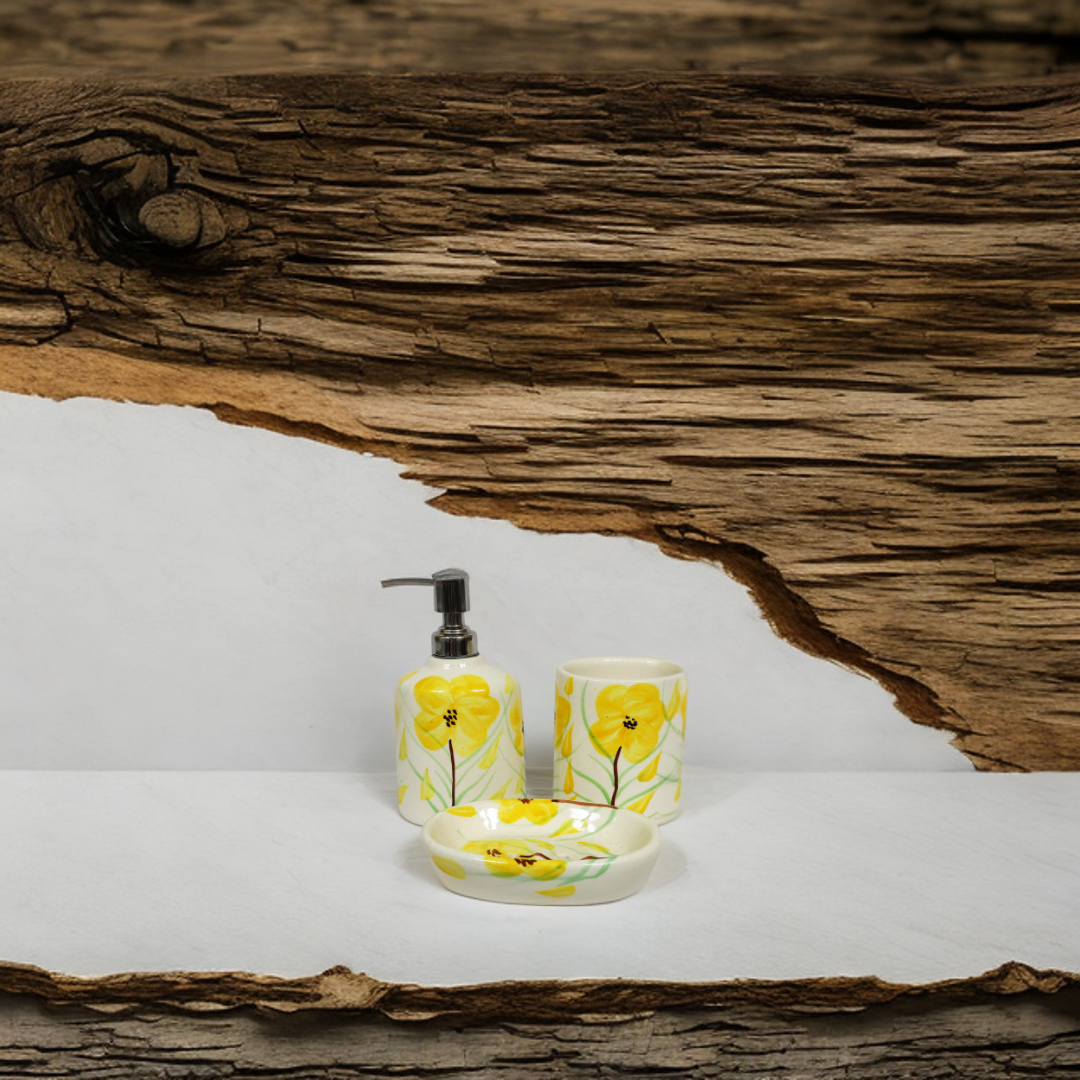 Handmade Yellow Flower Ceramic Bath Set