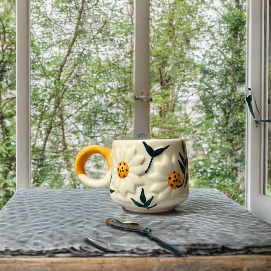 Ceramic Coffee/Tea Cups with 3D Sunflower Design