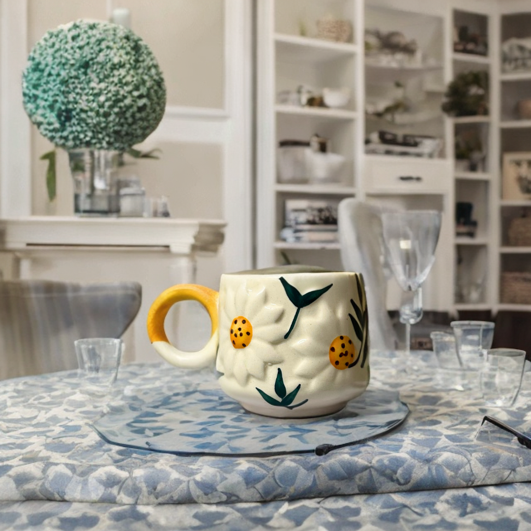 Ceramic Coffee/Tea Cups with 3D Sunflower Design