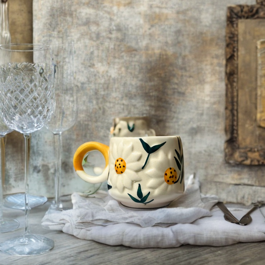 Ceramic Coffee/Tea Cups with 3D Sunflower Design