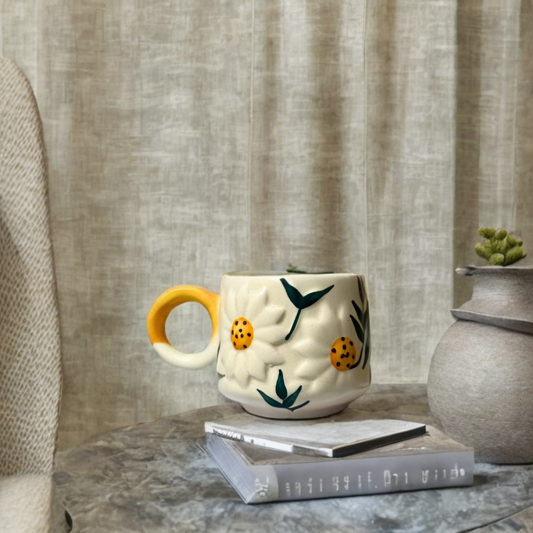 Ceramic Coffee/Tea Cups with 3D Sunflower Design