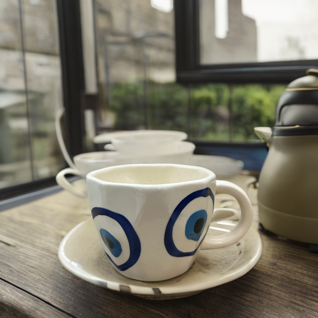 Ceramic Tea Cups with Evil Eye Print Set of 2