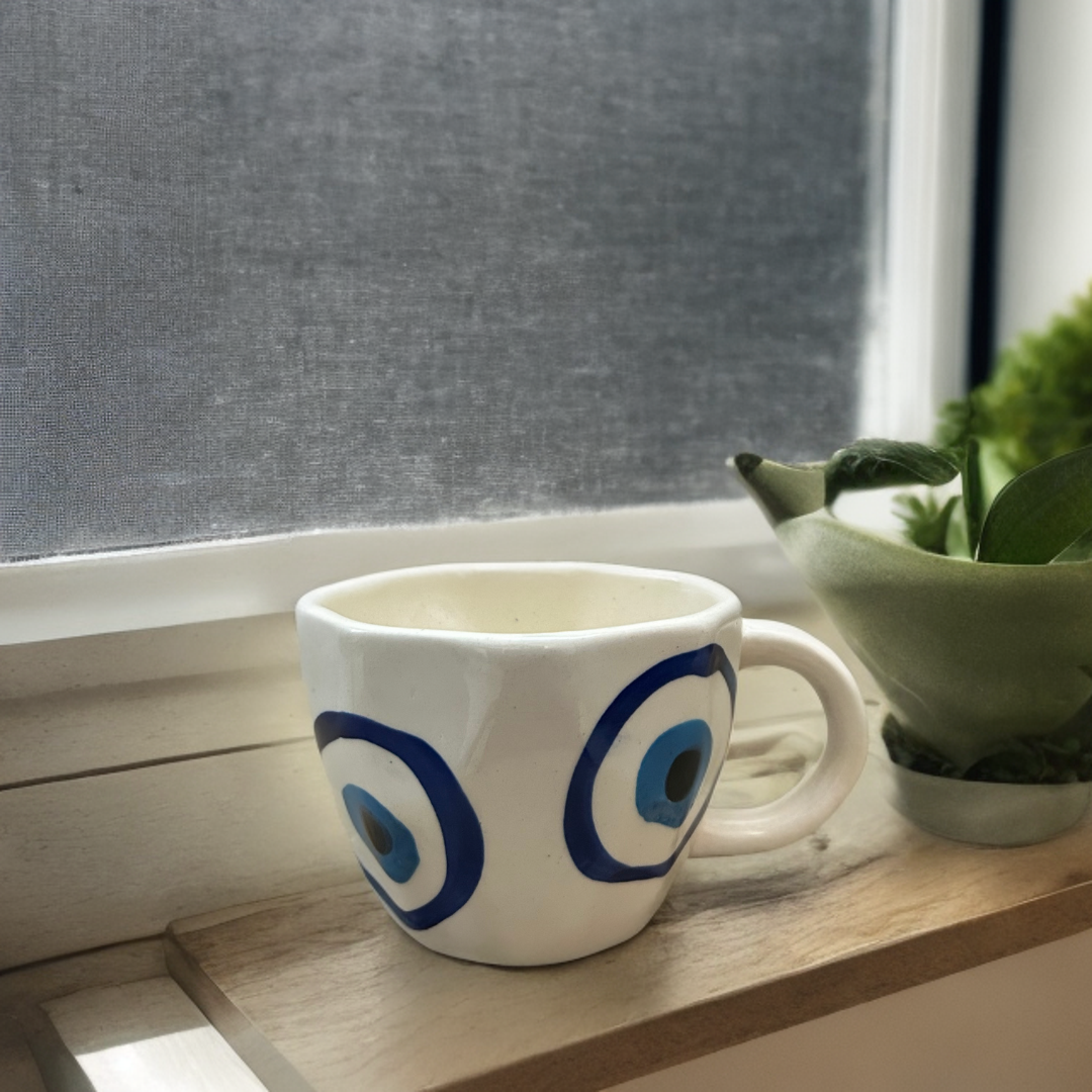 Ceramic Tea Cups with Evil Eye Print Set of 2