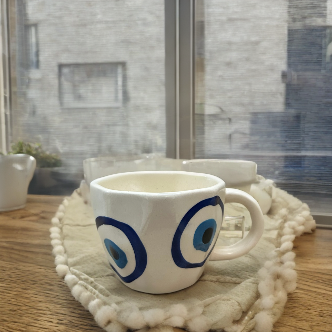 Ceramic Tea Cups with Evil Eye Print Set of 2
