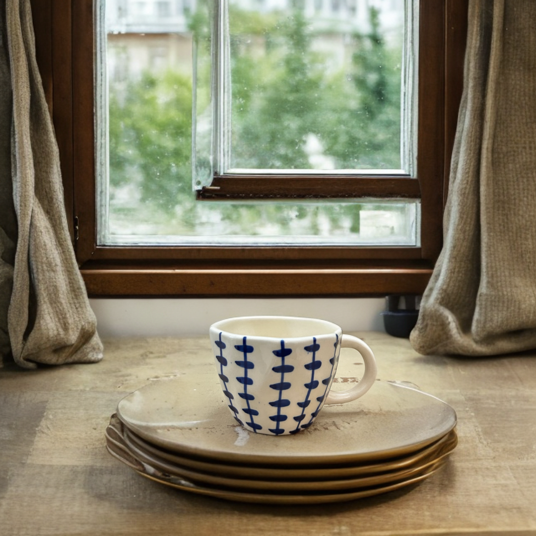 Ceramic Tea Cups with Handmade Blue Print Set of 2