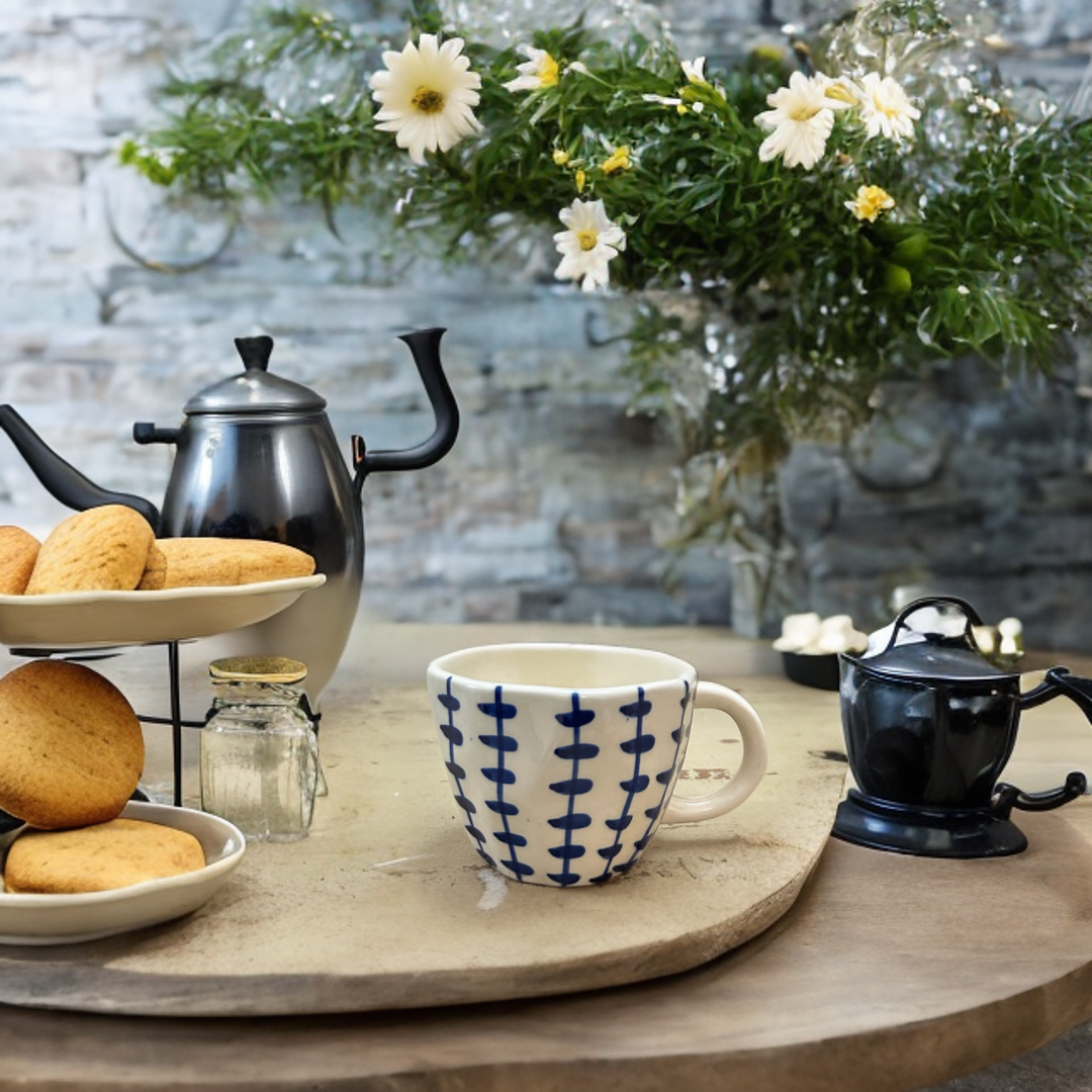 Ceramic Tea Cups with Handmade Blue Print Set of 2