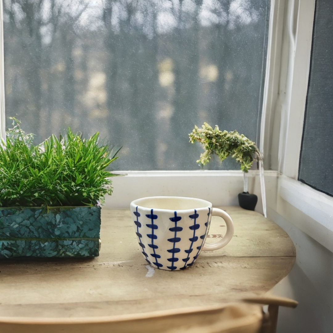 Ceramic Tea Cups with Handmade Blue Print Set of 2